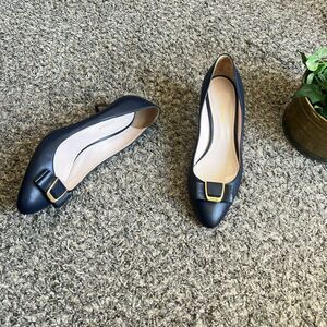 Bally Bellyna Low Heel Pumps Shoe Blue Leather Bow Logo Almond Toe 37.5 US 7 F